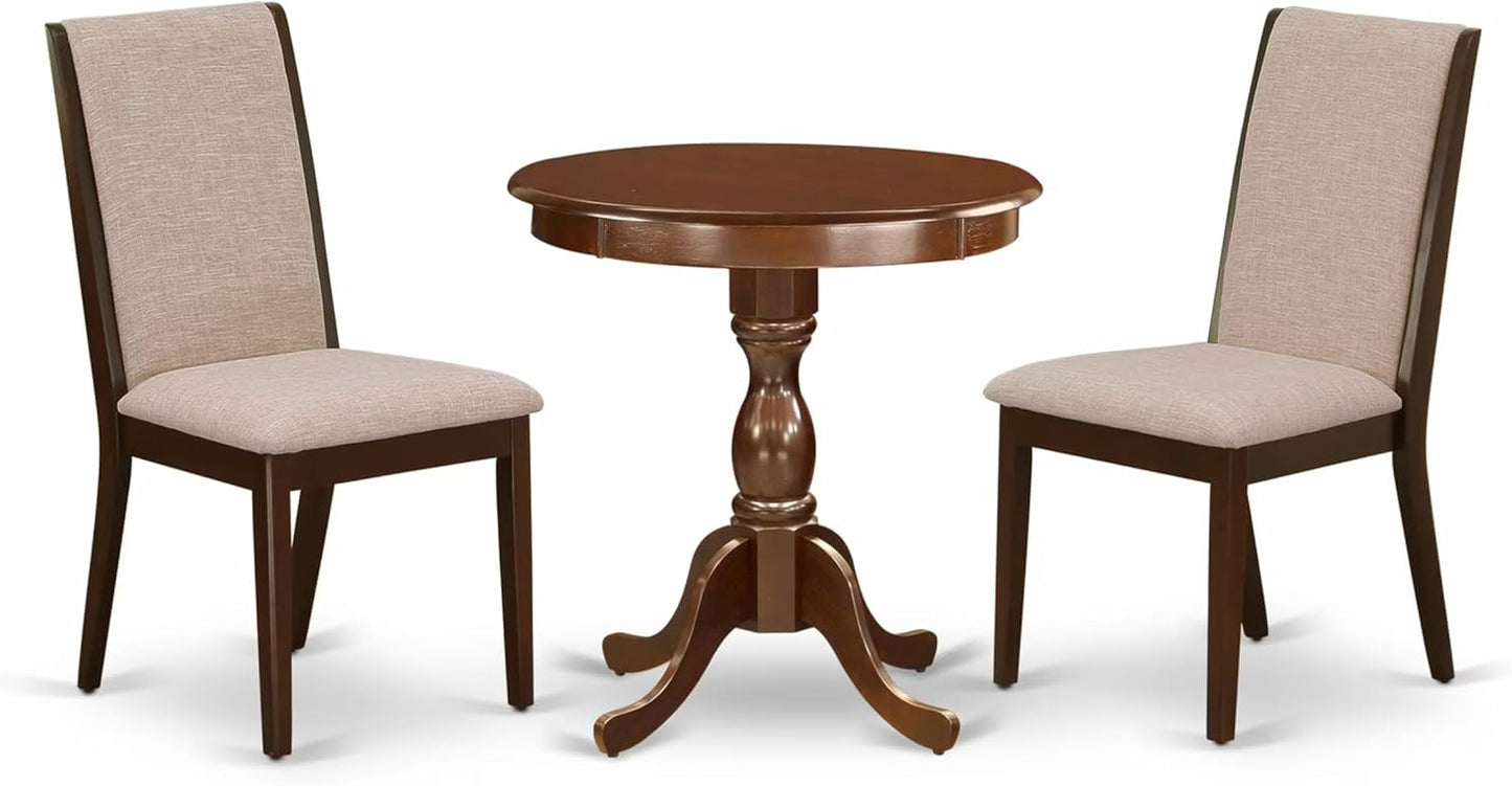 East West Furniture ESLA3-MAH-04 3 Piece Kitchen Table & Chairs Set Contains a Round Dining Room Table with Pedestal and 2 Light Tan Linen Fabric Parsons Chairs, 30x30 Inch, Mahogany