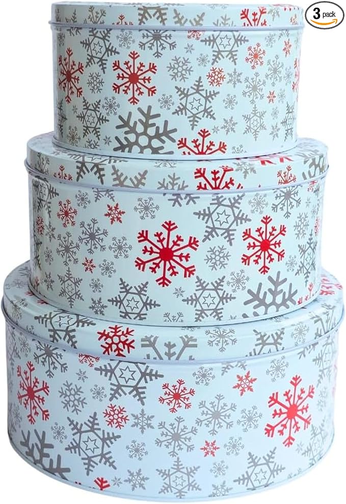 Pack of 3 Round Snowflake Christmas Tin Set – Stackable Holiday Storage Containers with Red and Silver Snowflake Design | Perfect for Cookies, Candy, and Gifts | Decorative Winter Gift Boxes