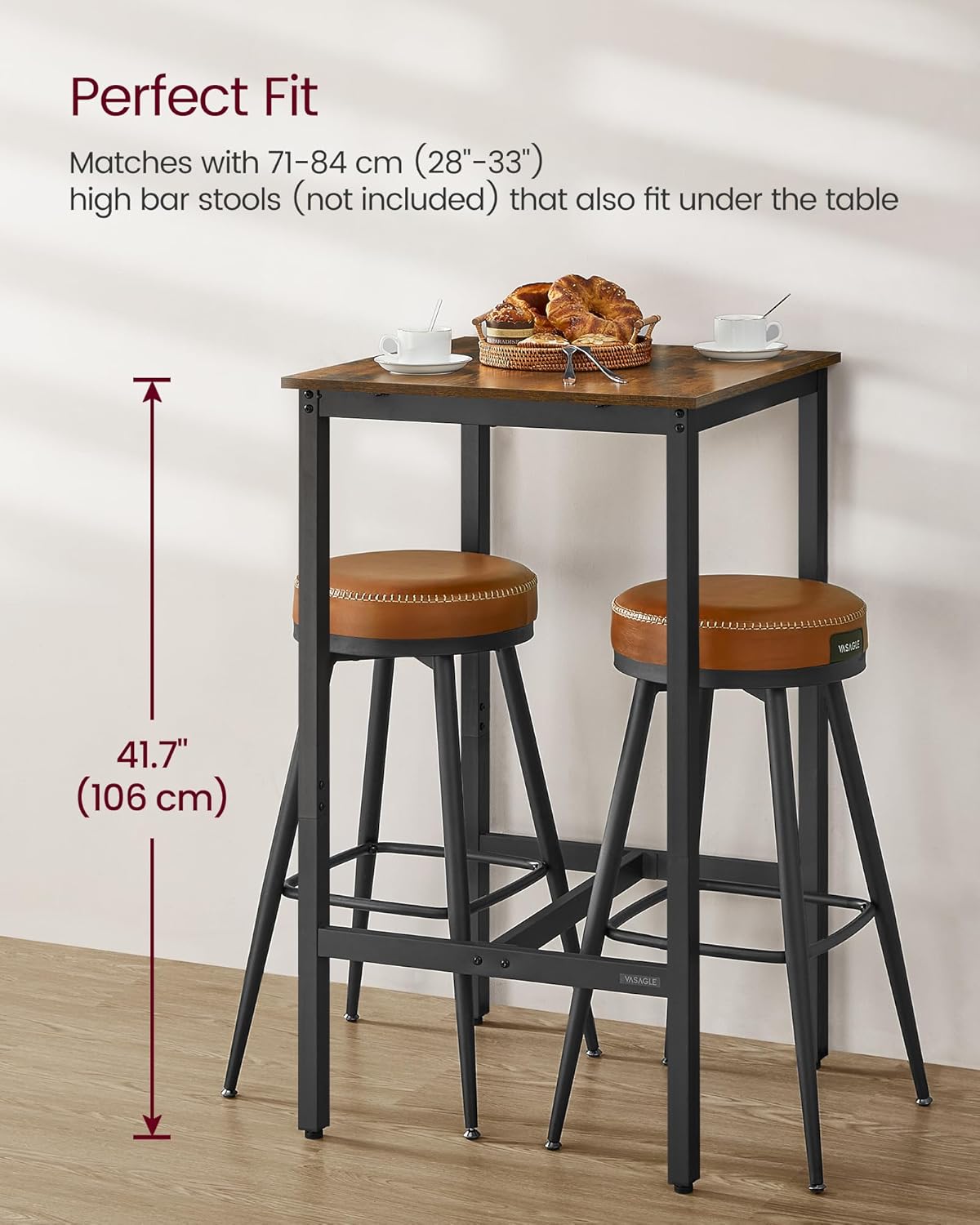 VASAGLE Bar Table, Small Kitchen Dining Table, High Top Pub Table, Height Cocktail Table for Living Room Party, Sturdy Metal Frame, 23.6 x 23.6 x 41.7 Inches for Narrow Spaces, Rustic Brown and Black