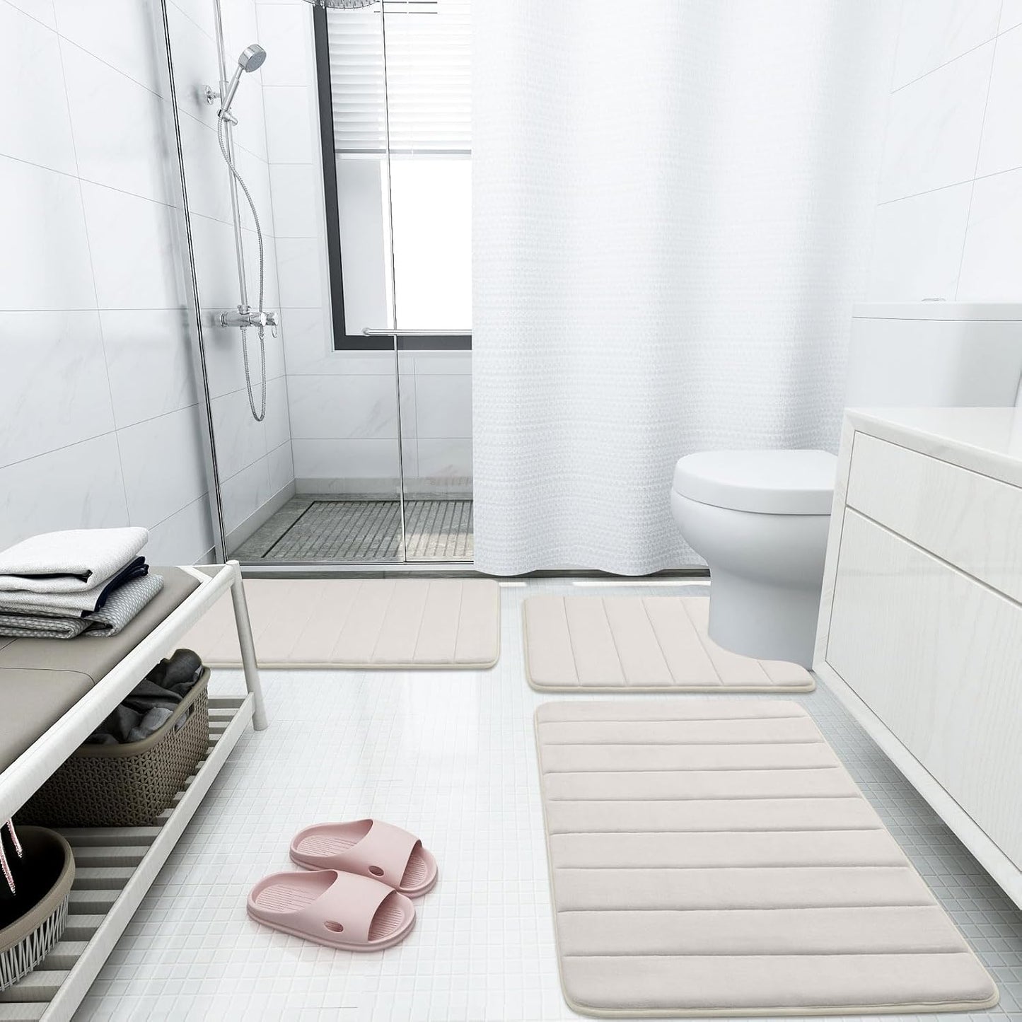 Buganda Memory Foam Bath Mat, 59" x 34", Ultra Soft and Non-Slip Bathroom Rugs, Water Absorbent and Machine Washable Bath Rug Runner for Bathroom, Shower, and Tub, Cream