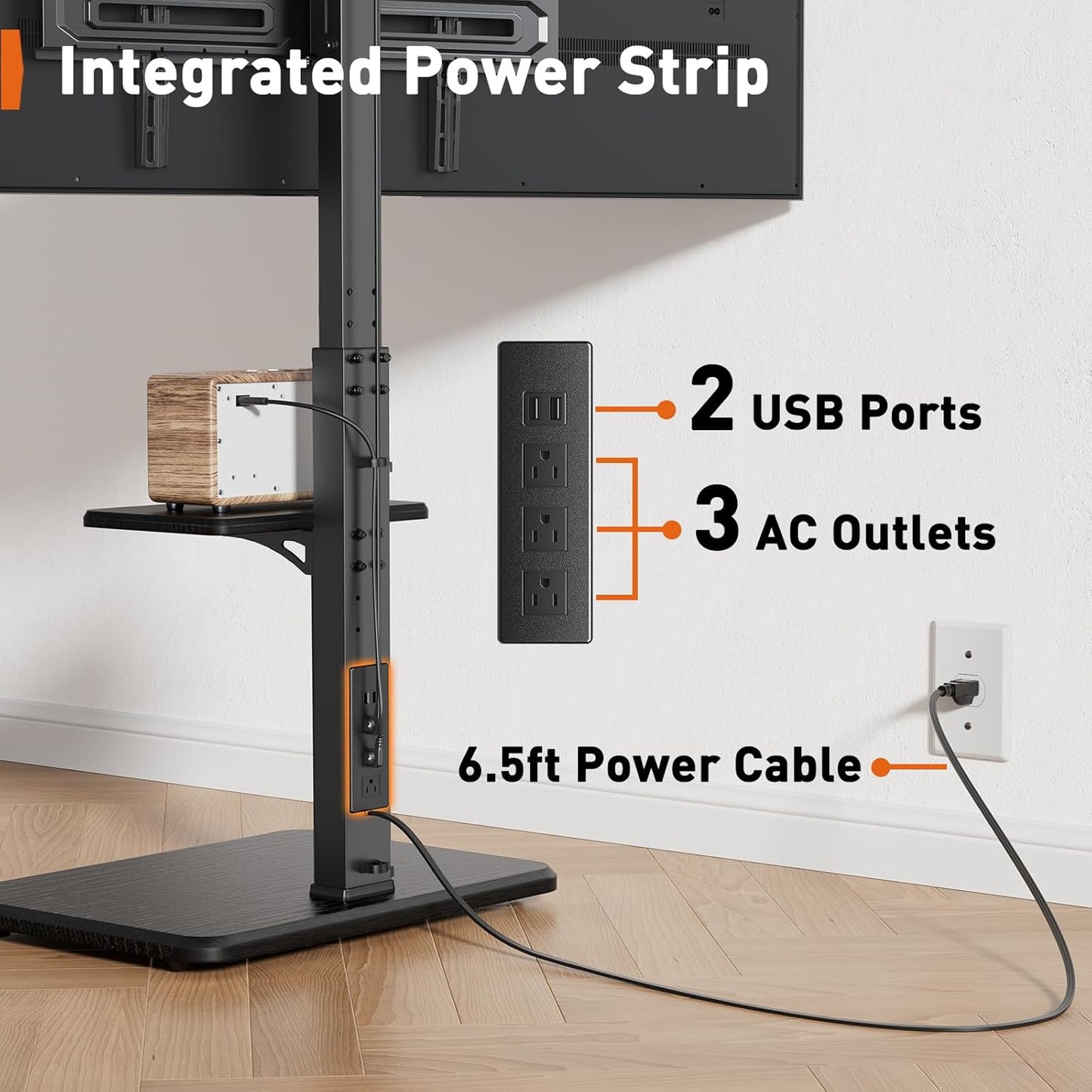 Perlegear Floor TV Stand with Power Outlet, Universal TV Stand for 32-75 inch TVs up to 110 lbs, Height Adjustable Standing TV Mount, Tall TV Mount with Wood Base, Max VESA 600x400mm, PGFS06