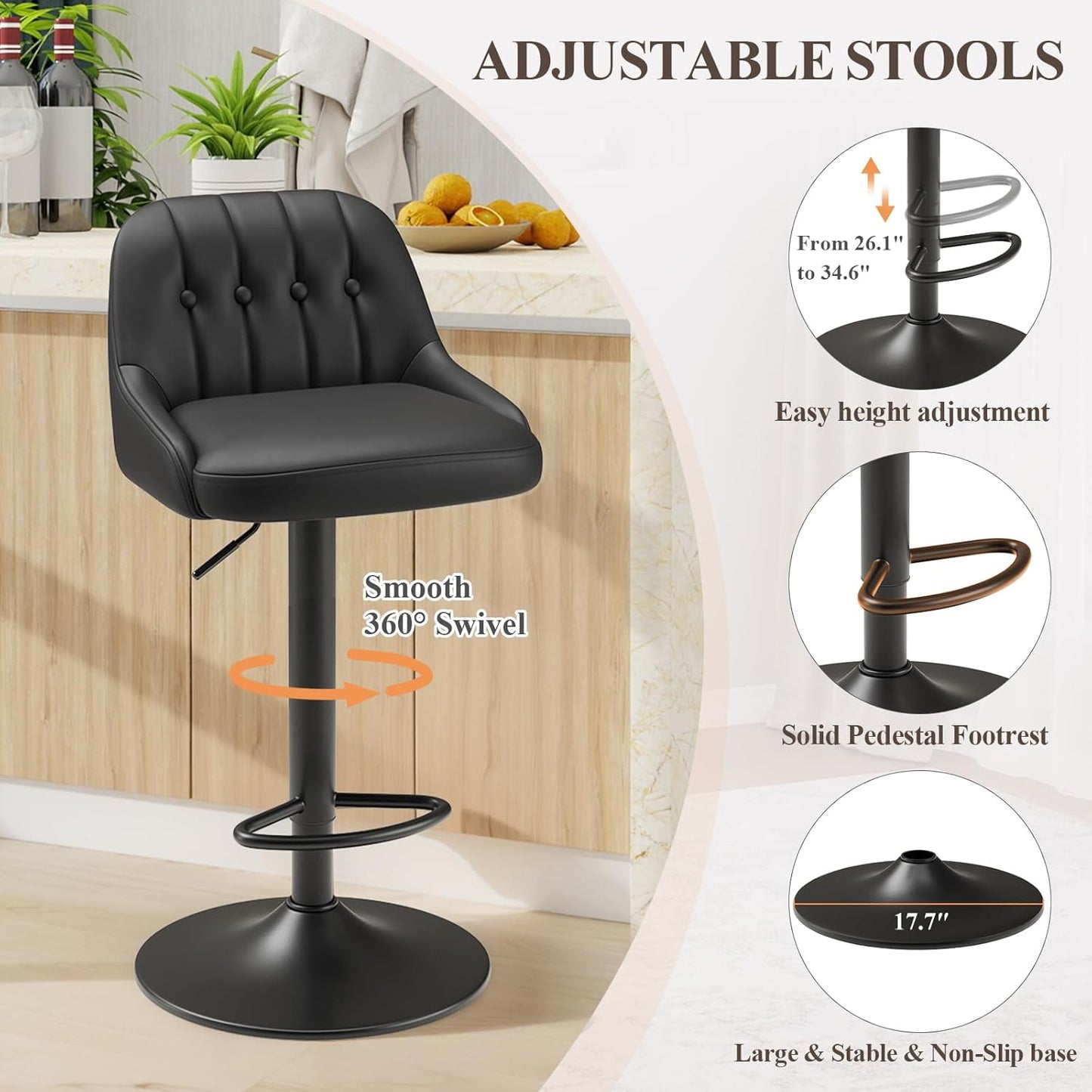 Bar Stools Set of 6, Swivel Bar Chairs, Modern Adjustable PU Leather Upholstered Barstools Counter Height with Tufted Back for Bar, Kitchen Counter Island, Dining Room, Black