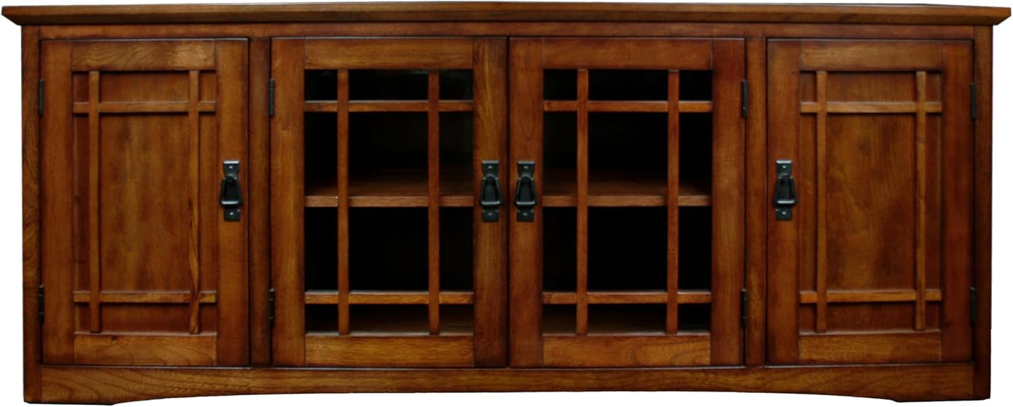 Leick Home 82360 Solid Wood Mission Oak Four Door TV Stand For 65" TVs Universal TV Console Living Room Storage Shelves Entertainment Center, Mission Oak