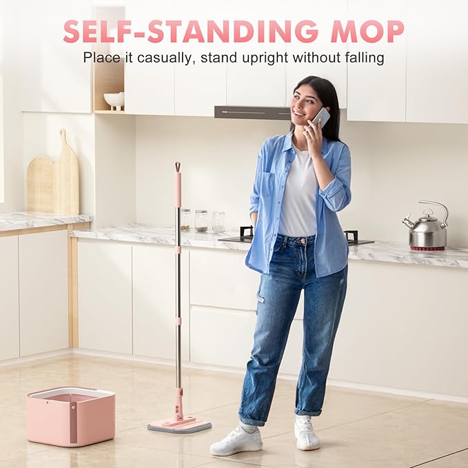 Upgraded Self-Standing Spin Mop and Bucket System, Detachable Inner Mop Bucket Separates Dirty Water & 90° Foldable Head, Triple-Scrub System, 0.9Gal Dual Drainage, for Hardwood Floors (Pink 2 Pads)