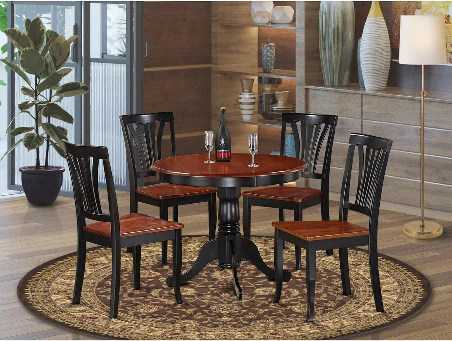 East West Furniture ANAV5-BLK-W 5 Piece Kitchen Table Set for 4 Includes a Round Dining Room Table with Pedestal and 4 Dining Chairs, 36x36 Inch, Black & Cherry
