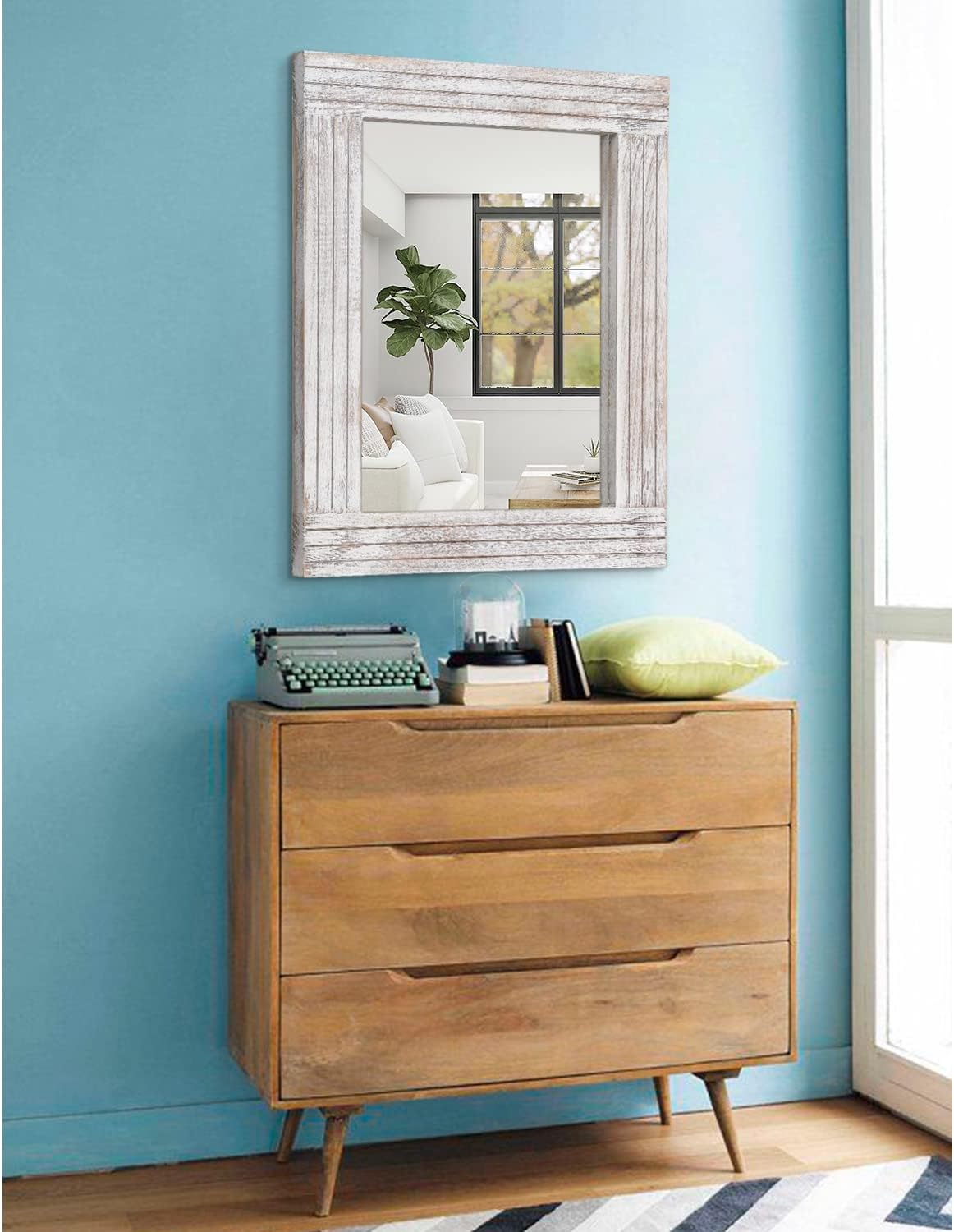 Mirrors for Wall Rustic Wooden Frame Rectangle Mirror Vintage Hanging Mirror for Bedroom Bathroom Living Room Farmhouse Wall Decor White Large 20" x 16 "