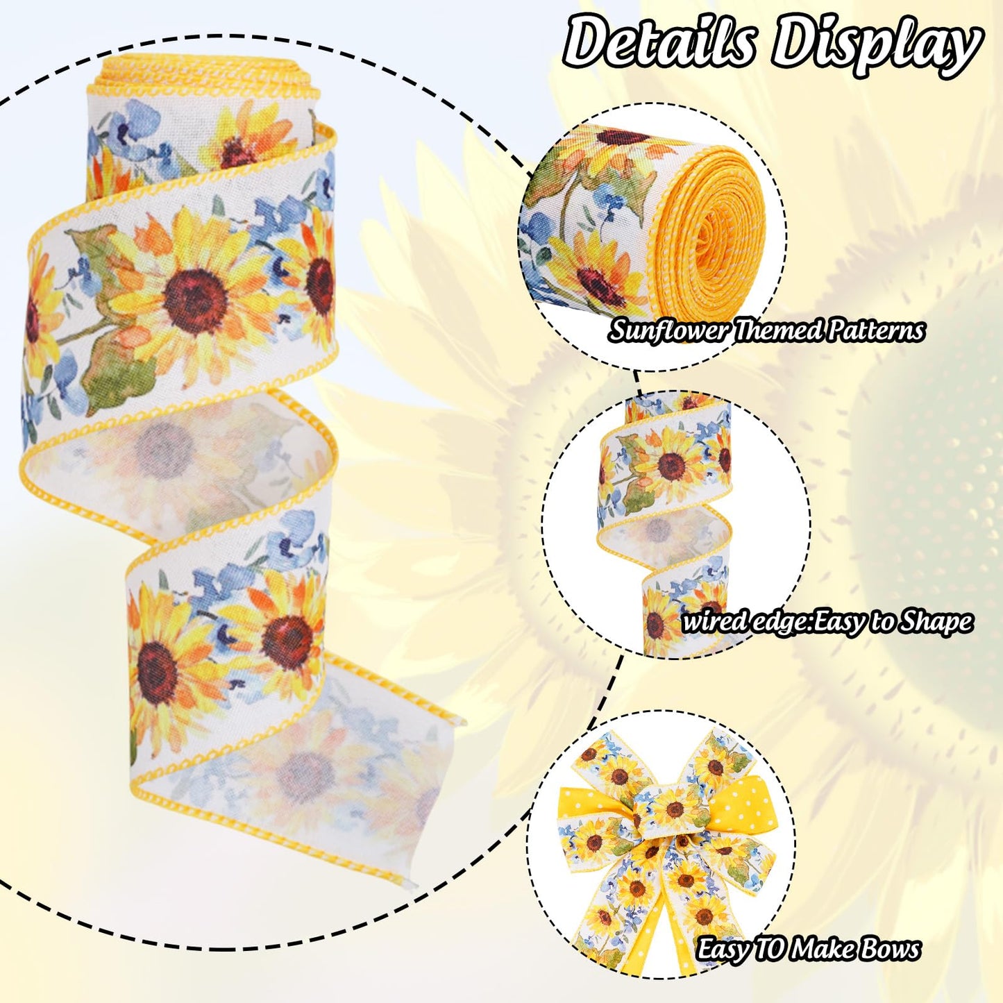 Sunflower Dot Wired Edge Ribbons Spring Summer Floral Gift Wrap Ribbon Yellow White Flower Craft Ribbon for DIY Crafts Wreath Bow Making Wrapping Party Decor Supplies, 2 Rolls, 20 Yard