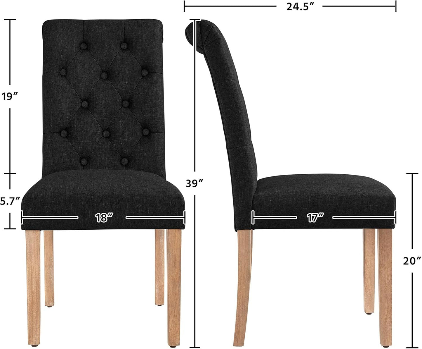 Yaheetech Dining Chairs Set of 2 Fabric Upholstered Dining Room Chairs with Button Tufted High Back and Solid Wood Legs for Kitchen/Living Room/Restaurant, Modern Style, Black