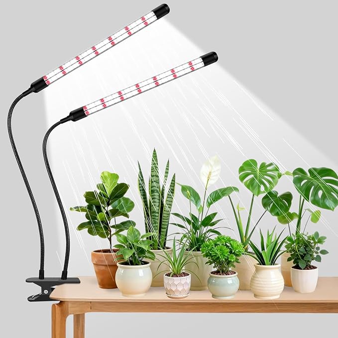 2 Head Grow Lights for Seed Starting, Full Spectrum Grow Lights for Indoor Plants with 6/12/18H Timer, V-Shaped Design Light, 5 Dimmable Level, Plant Lamp Clip-on Desk for Indoor Plant Growing