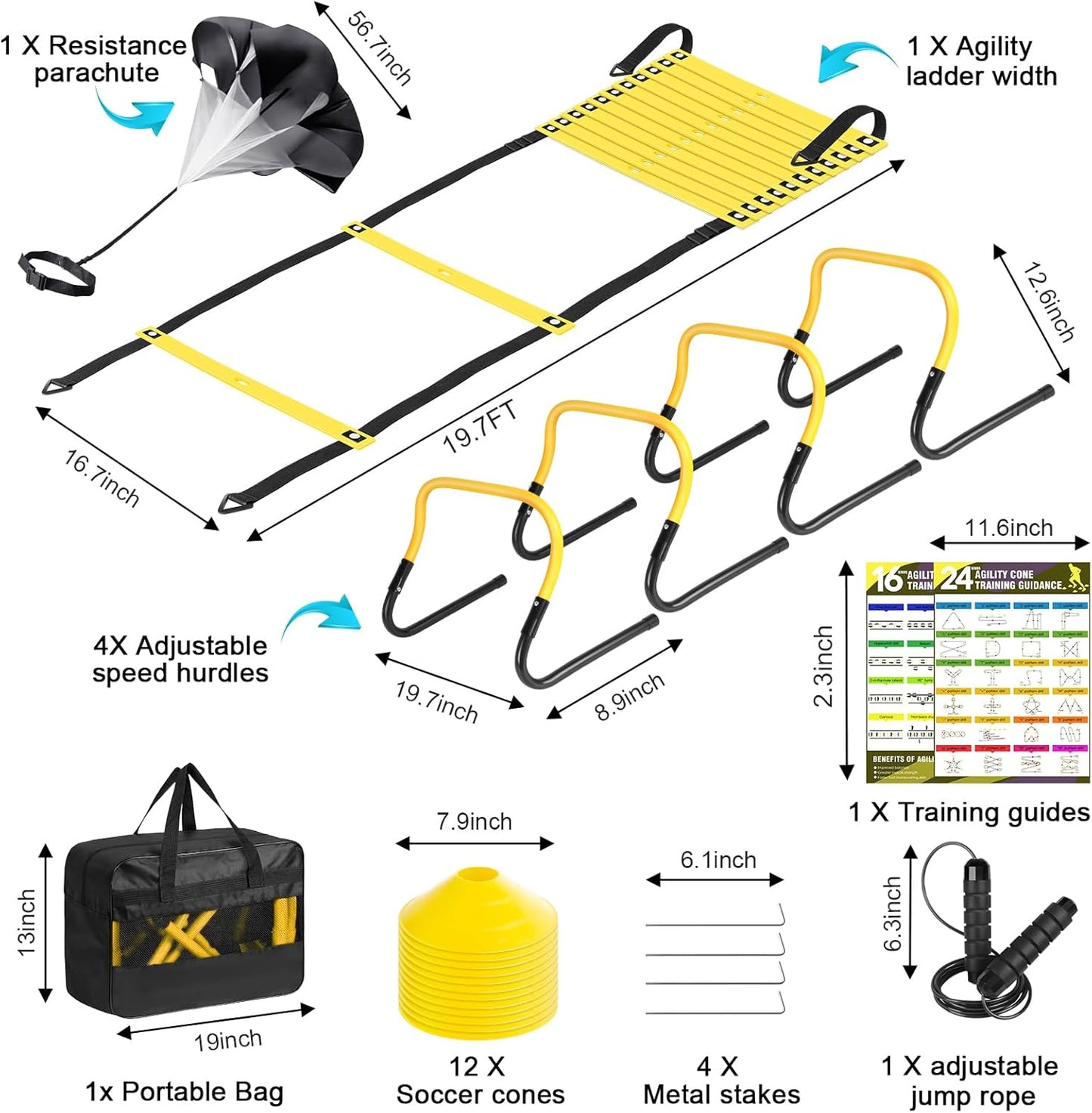 Agility Speed Training Equipment Set, Football Practise Set with 20ft Agility Ladder, 12 Cones, 4 Adjustable Hurdles, Jump Rope, Parachute, for Basketball, Soccer, Football, Kids, Youth, Adults