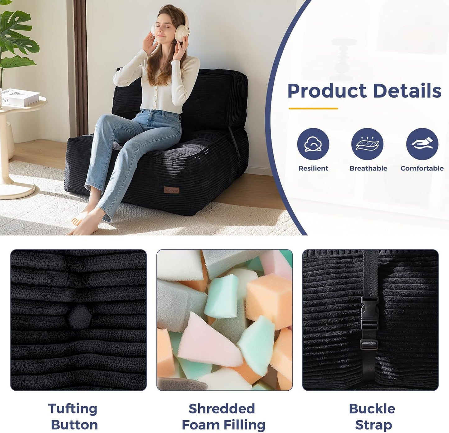 MAXYOYO Floor Sofa Bean Bag Sofa Couch, Comfy Floor Couch with Back Support, Portable Bean Bag with Filling, Corded Chair Seating for Living Room Bedroom Apartment, Black