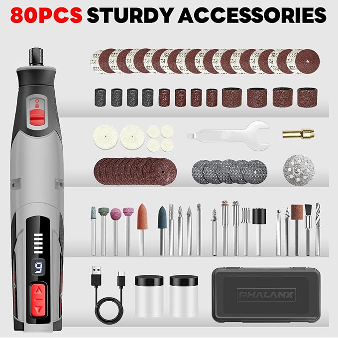PHALANX Cordless Rotary Tool Kit, 4V 4000mAh Battery, 80 Accessories, 9 Speed Settings, 28000 RPM Max, Type-C Charging (PRT-Grey)