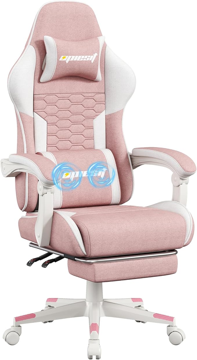 Gaming Chair, Fabric Computer Chairs with Lumbar Support and Massager, Ergonomic Office Chair with Footrest & Pocket Spring Cushion, Bearing 400 LBS（Pink）