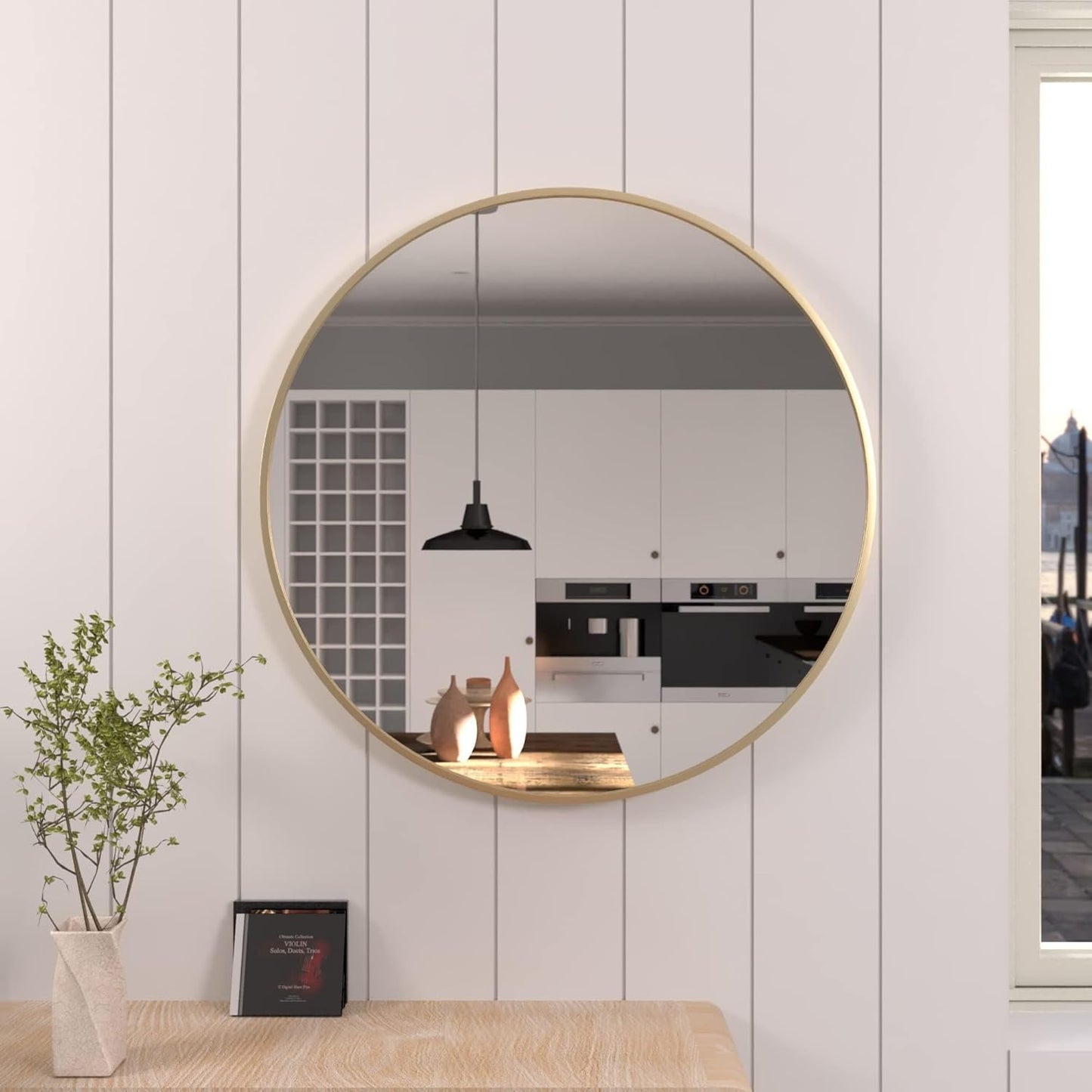 24 inch Gold Circle Wall Mirror, Brushed Gold Metal Framed Round Mirror for Bathroom Vanity, Bedroom Decor, Living Room, Entryway