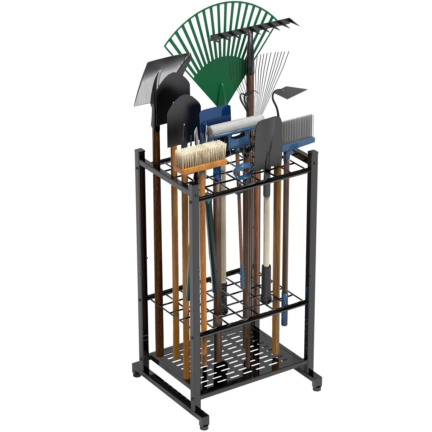 Garden Tool Organizer, Yard Tool Tower Rack for Garage Organization and Storage, Up to 35 Long-Handled Tools/Rakes/Brooms, Heavy Duty Steel Garden Tool Stand for Shed, Outdoor, Black