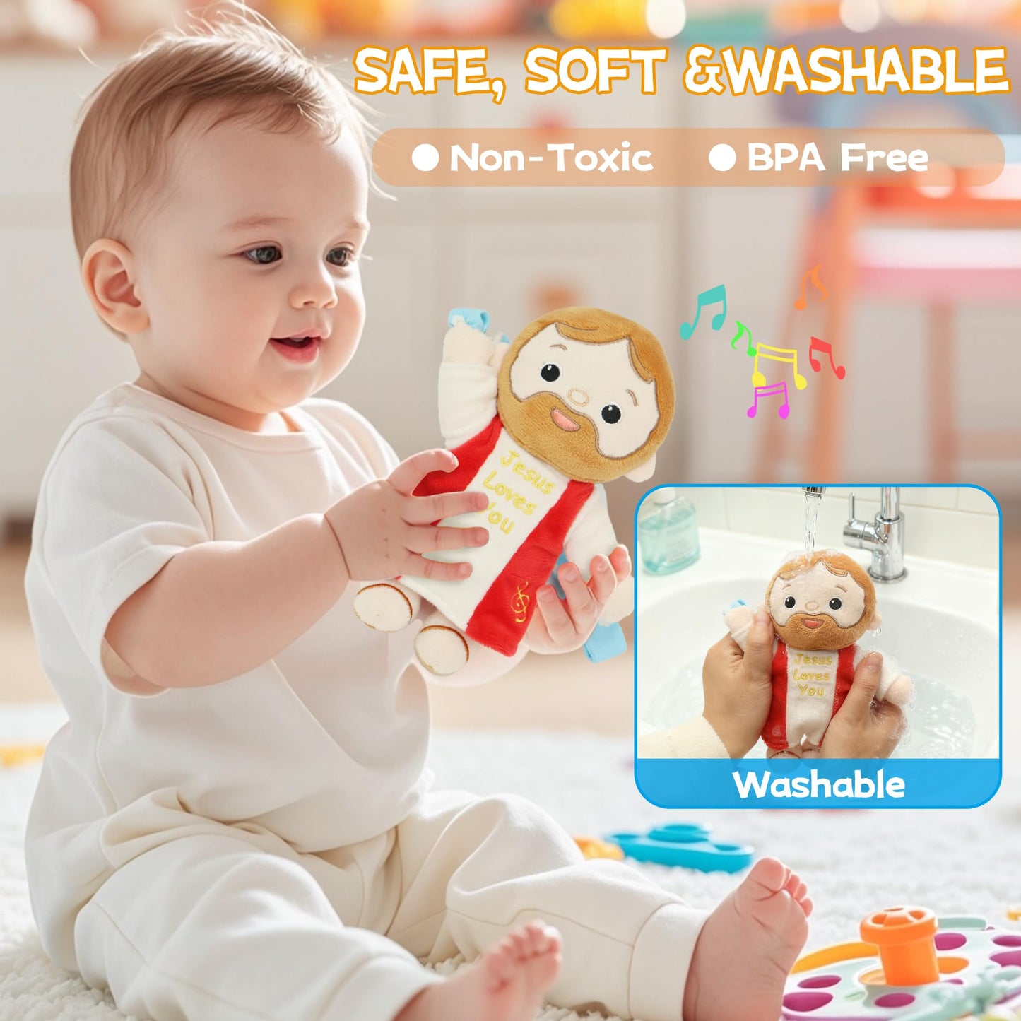 Yelakey Baby Jesus Musical Hanging Plush Toy with Lullaby Music Box Sensory Crib Toy for Newborn Baptism First Birthday Gift