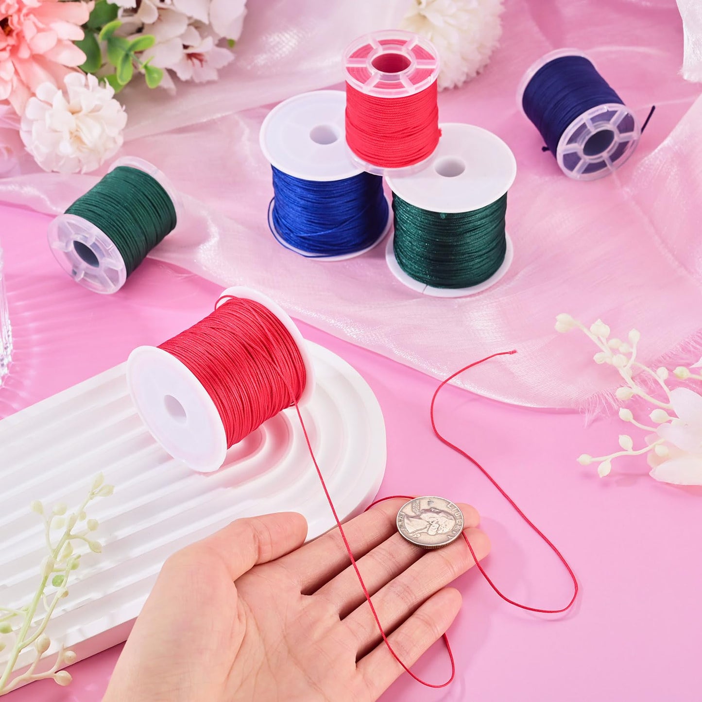 Craftora 6 Rolls 0.8 1mm Nylon Beading Twine for Frienship Bracelets,Red Blue Green Chinese Knotting Cord Kumihimo Macrame Thread for DIY Wind Chime Necklace Jewelry Making Craft