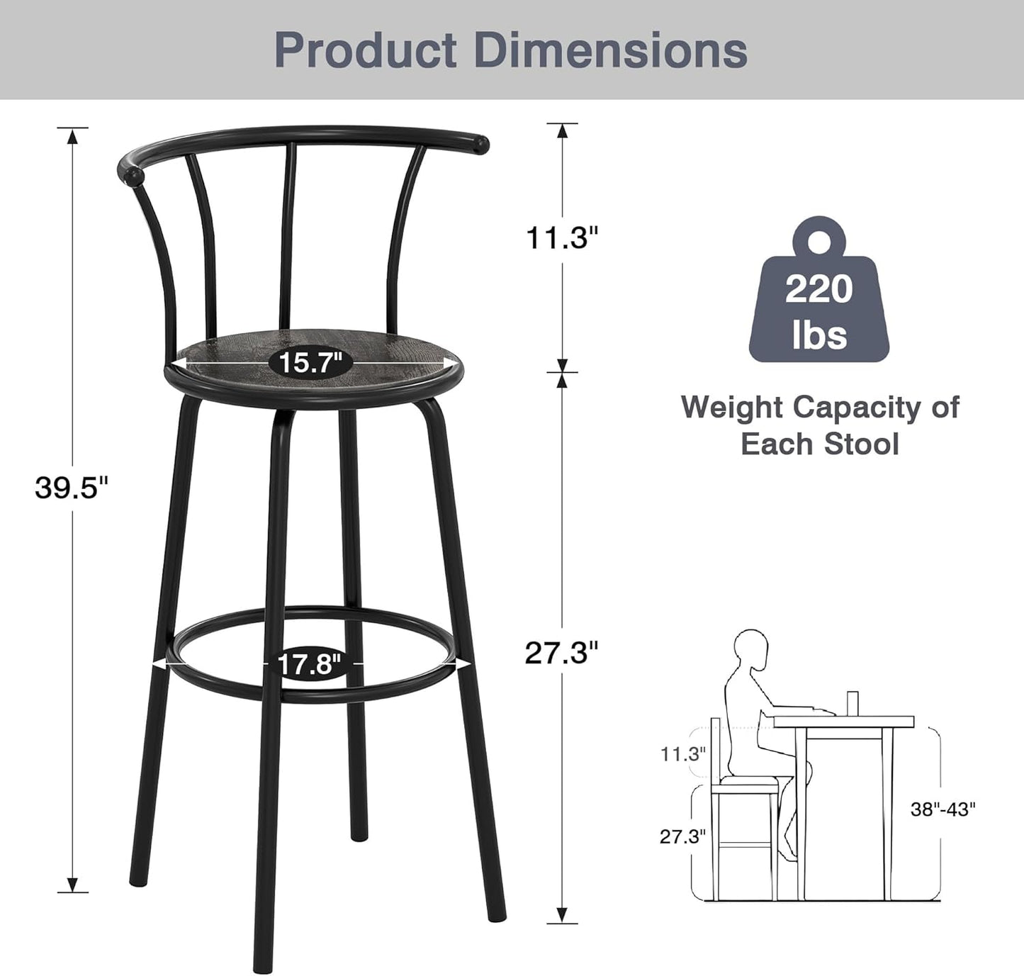 VECELO Bar Stools Set of 4, Swivel Counter Barstools with Backrest, Bar Height Chairs for Dining Room, Kitchen Island, Pub, Easy Assembly, Grey