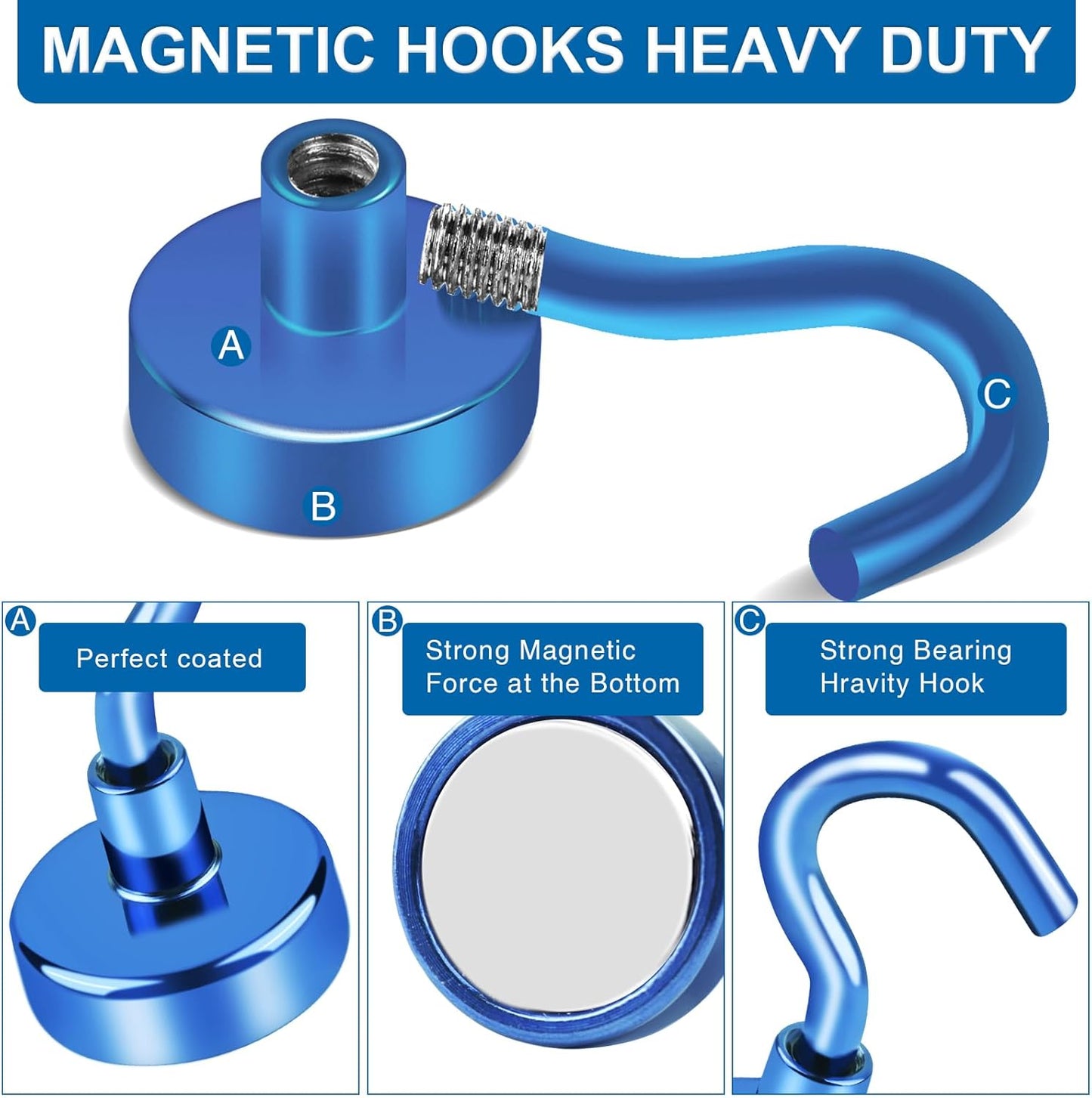 LOVIMAG Cruise Ship Essentials, 85lbs Magnetic Hooks for Cruise Cabins, Blue Magnetic Hooks for Hanging, Refrigerator, Ceiling, Fridge, Heavy Duty Neodymium Magnets with Hook for Kitchen, Locker-4Pcs