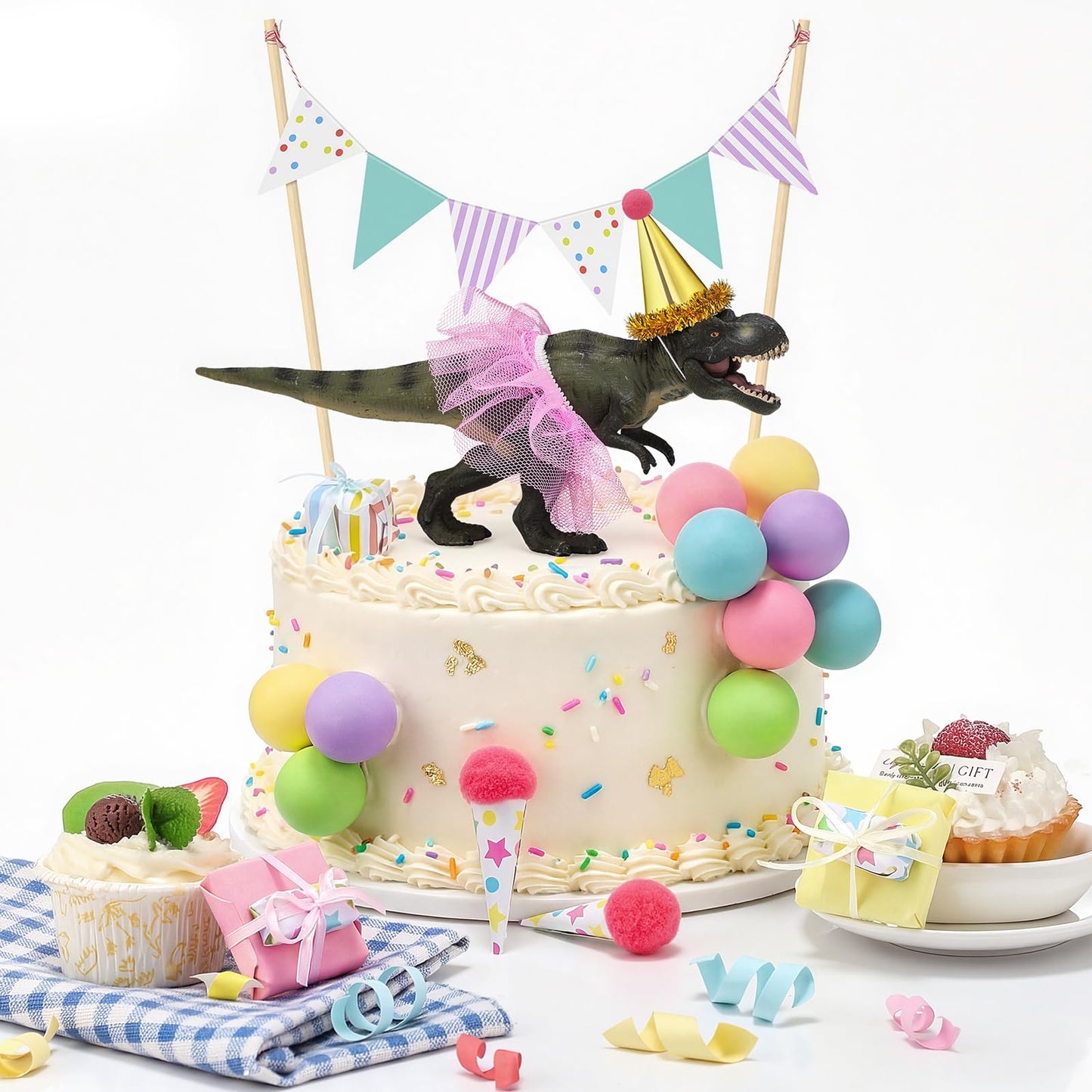 Weysat 19 Pcs Dinosaur Cake Toppers Decorations Set Mini Birthday Hat Skirt Triangle Flag Banner Decor Balls andIce Cream Cone Cake Topper for Dinosaur Theme Birthday Gender Reveal Party Decorations