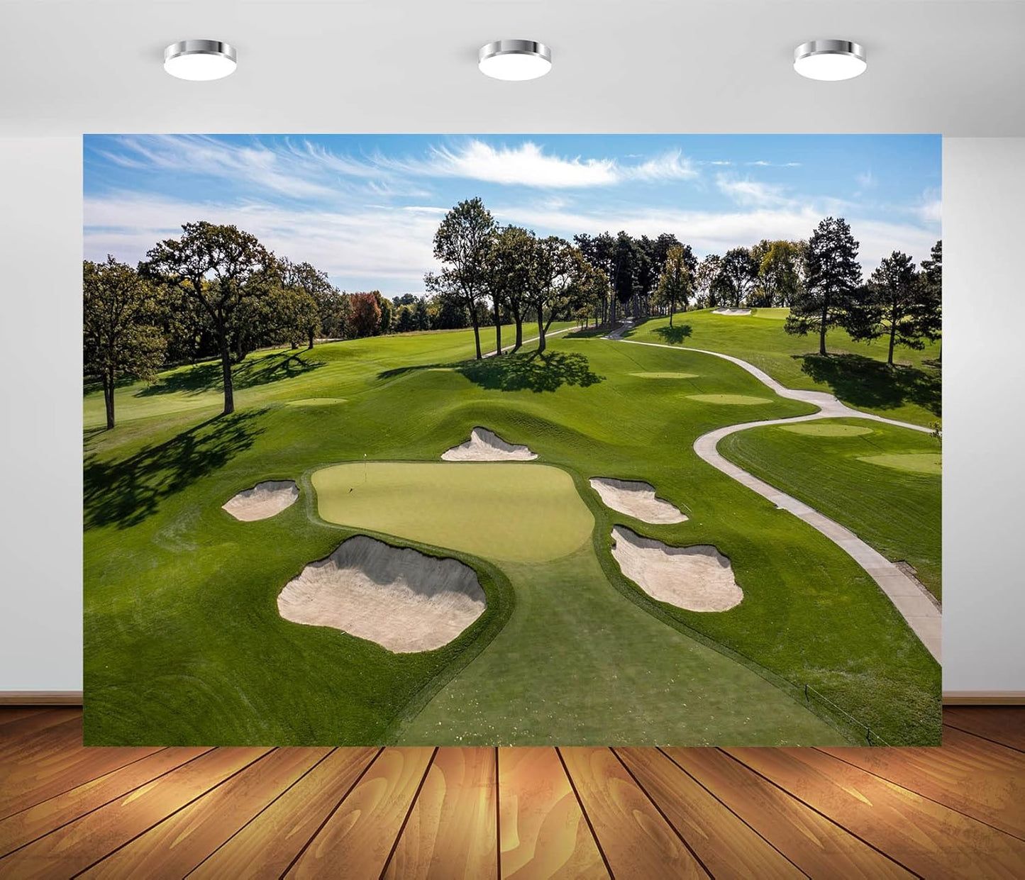 BELECO 8x6ft Fabric Golf Course Backdrop for Photography Green Grass Lawn Bunker Trees Blue Sky White Clouds Outdoor Golf Backdrop Golf Party Decorations Birthday Shoot Holiday Photo Studio Props