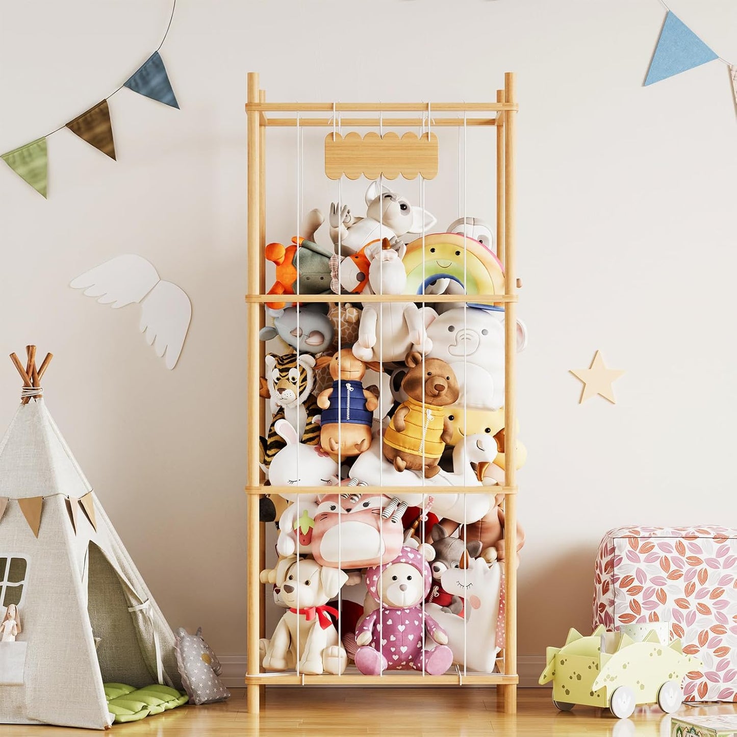 SpaceAid Stuffed Animal Storage Organizer, Wood Animals Zoo Toy Plushies Storage Holder, Large Capacity Plush Toy Cage for Playroom Organization, 22.8" Wide, Natural