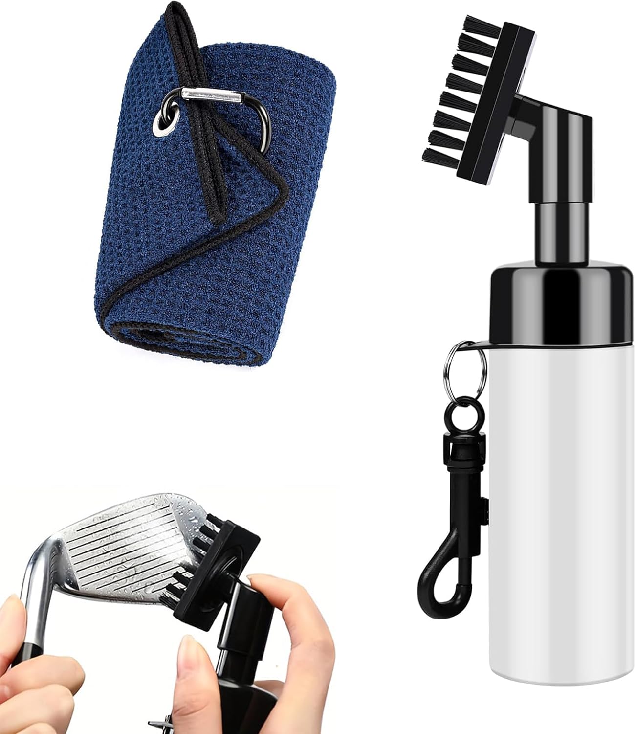 Pro Golf Club Cleaner,Includes Water Golf Club Brush Golf Towel Golf Accessories,Heavy Duty Retractable Clip- Squeeze Bottle for Easy Cleaning with Nylon Bristles- Holds 4 Oz Water(White)