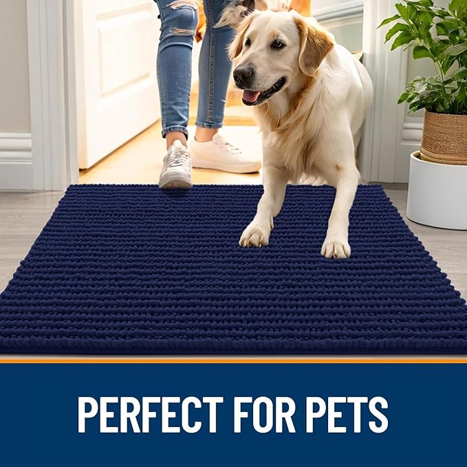OLANLY Dog Door Mat for Muddy Paws 59x20, Ultra Absorbent Chenille Mud Doormat, Non-Slip Washable and Dirt Trapping Doormat for Indoor Entryway, Quick-Dry Indoor Pet Bed Mats for Dogs, Navy Blue