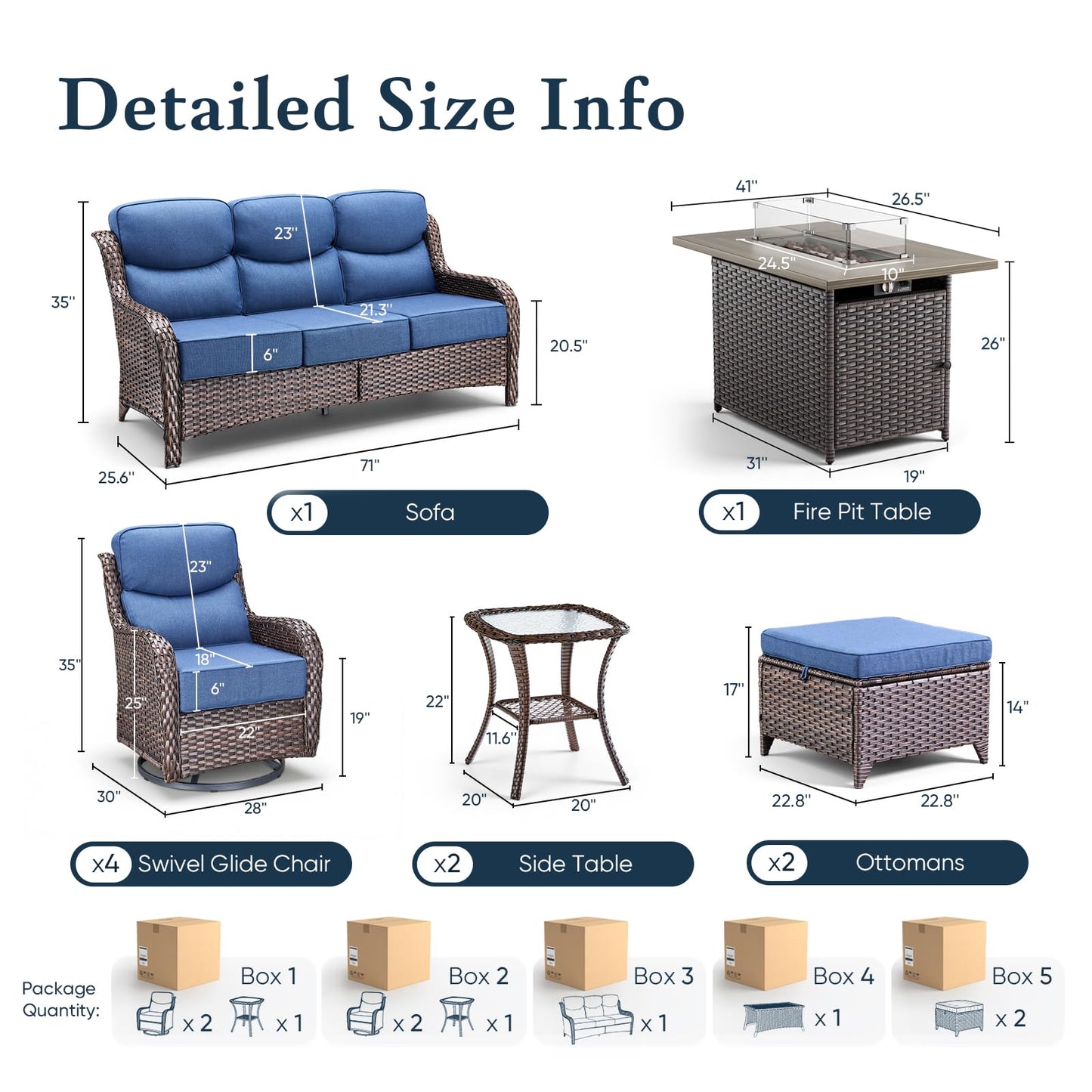 Belord Luxury 6" Thick Cushioned 10 Pieces Patio Furniture Set with Fire Pit Table, Wicker Outdoor Conversation Set with High Back Swivel Rocker Chairs for Deck Porch Yard and Poolside - Brown+Blue