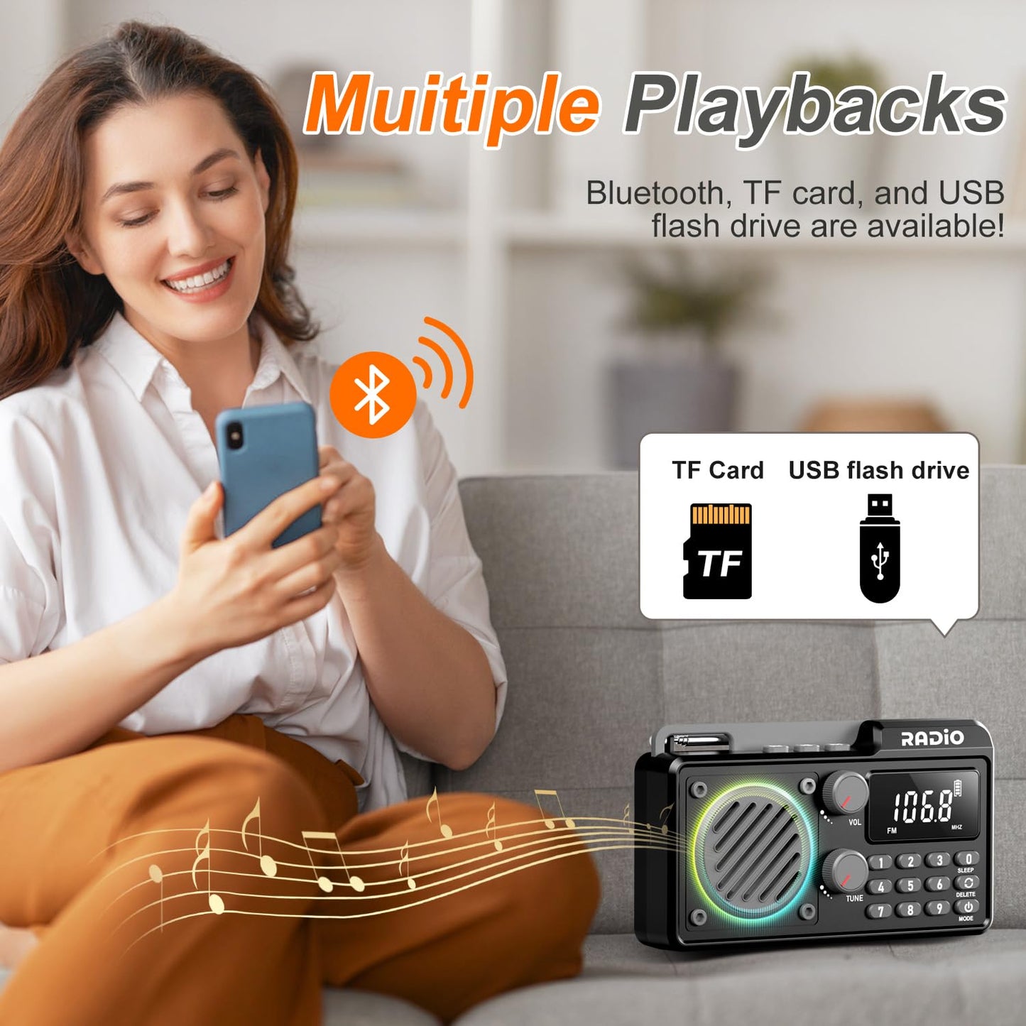 Portable Radio Am Fm 1500Mah Rechargeable With Best Reception, Transistor Shortwave Radio Wireless Bluetooth Speaker, With Large