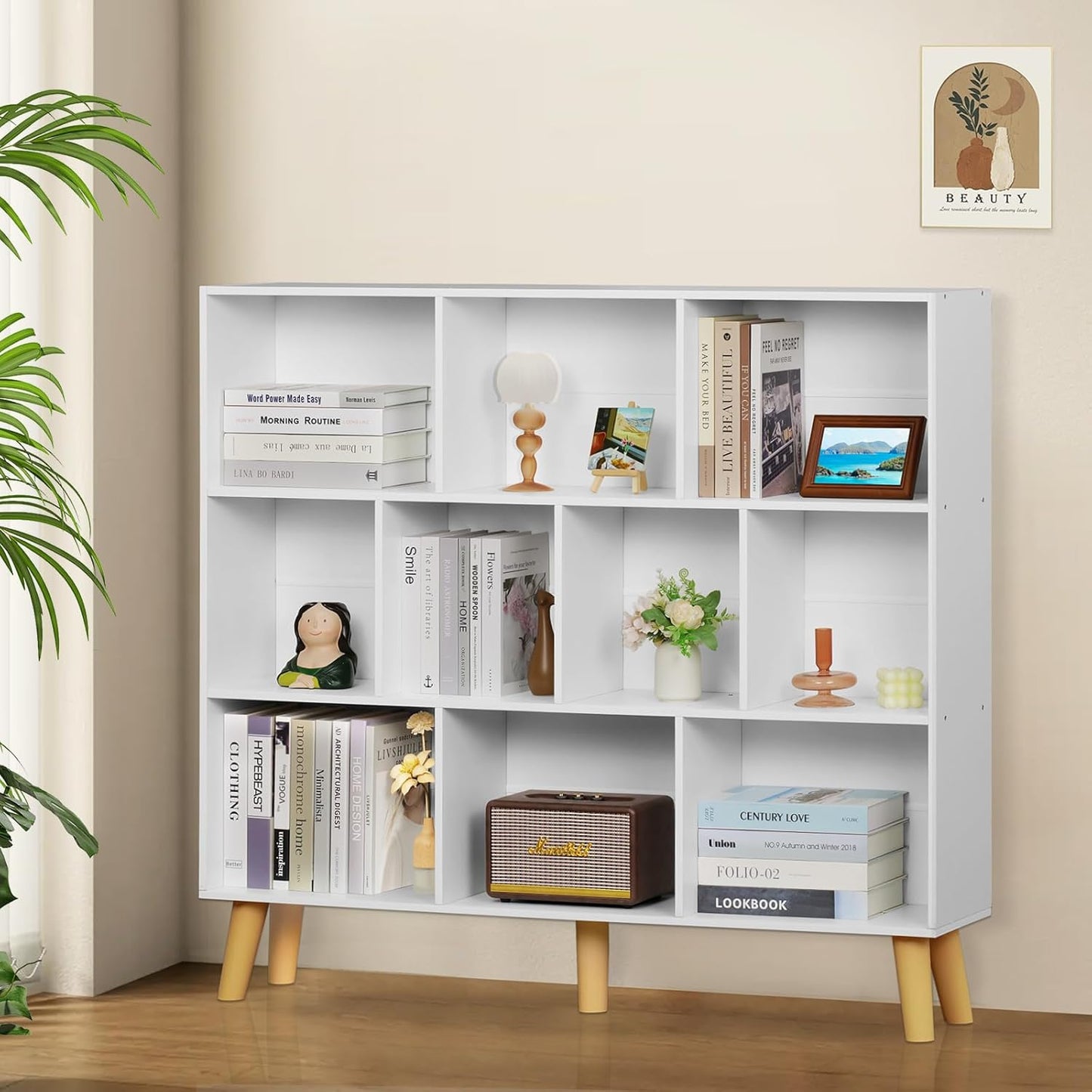 YAHARBO 10 Cube White Bookshelf,3 Tier Book Shelf with Legs,Modern Minimalist Bookcase,Open Book Shelves Storage Organizer,Frees Standing Wooden Display Bookcases for Small Space,Bedroom,Living Room