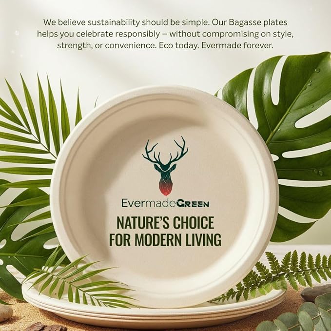 Heavy Duty Disposable Paper Plates 8.5 inch - Set of 125 | Compostable | Made from Sugarcane Bagasse | Biodegradable Dinner Plates | Rustic Dinnerware for Christmas, Wedding, Party