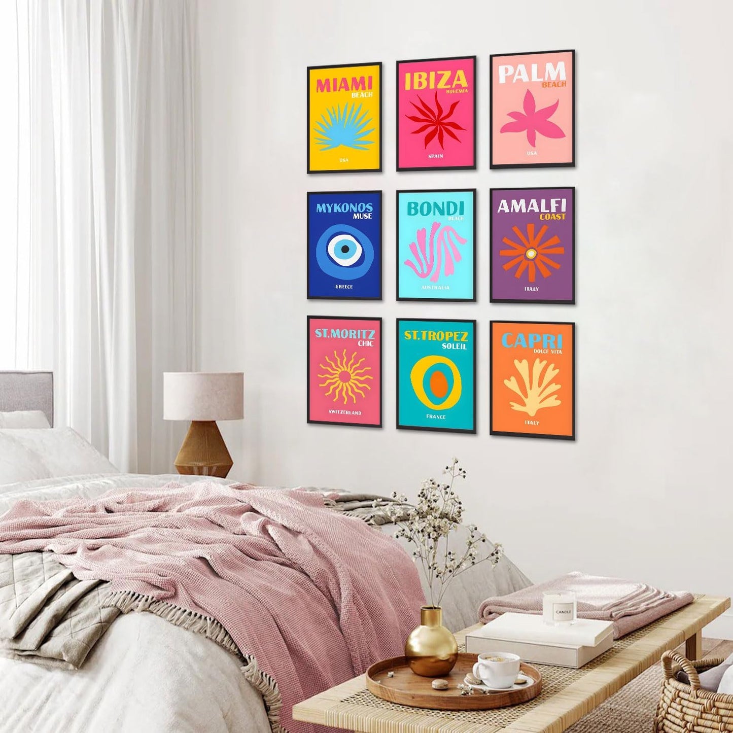 9Pcs Preppy Travel Wall Art Prints Colorful Abstract Aesthetic Room Decor Pictures Trendy Canvas Posters for Teen Girls Bedroom Apartment College Dorm Decoration, Unframed