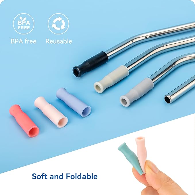 Metal Straws with Silicone Tip for Stanley 40 oz Tumbler,Reusable Straws for 40 oz Tumbler,3 Bendy 13.3" and 3 Light Pink Silicone StrawTips,1 Straw Cleanr Brush