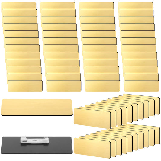 Geosar 50 Pcs Gold Name Tags Badge Blanks Brushed Round Corners Pin DIY Blank ID Name Badge for Office Workers(1 x 3 Inches)
