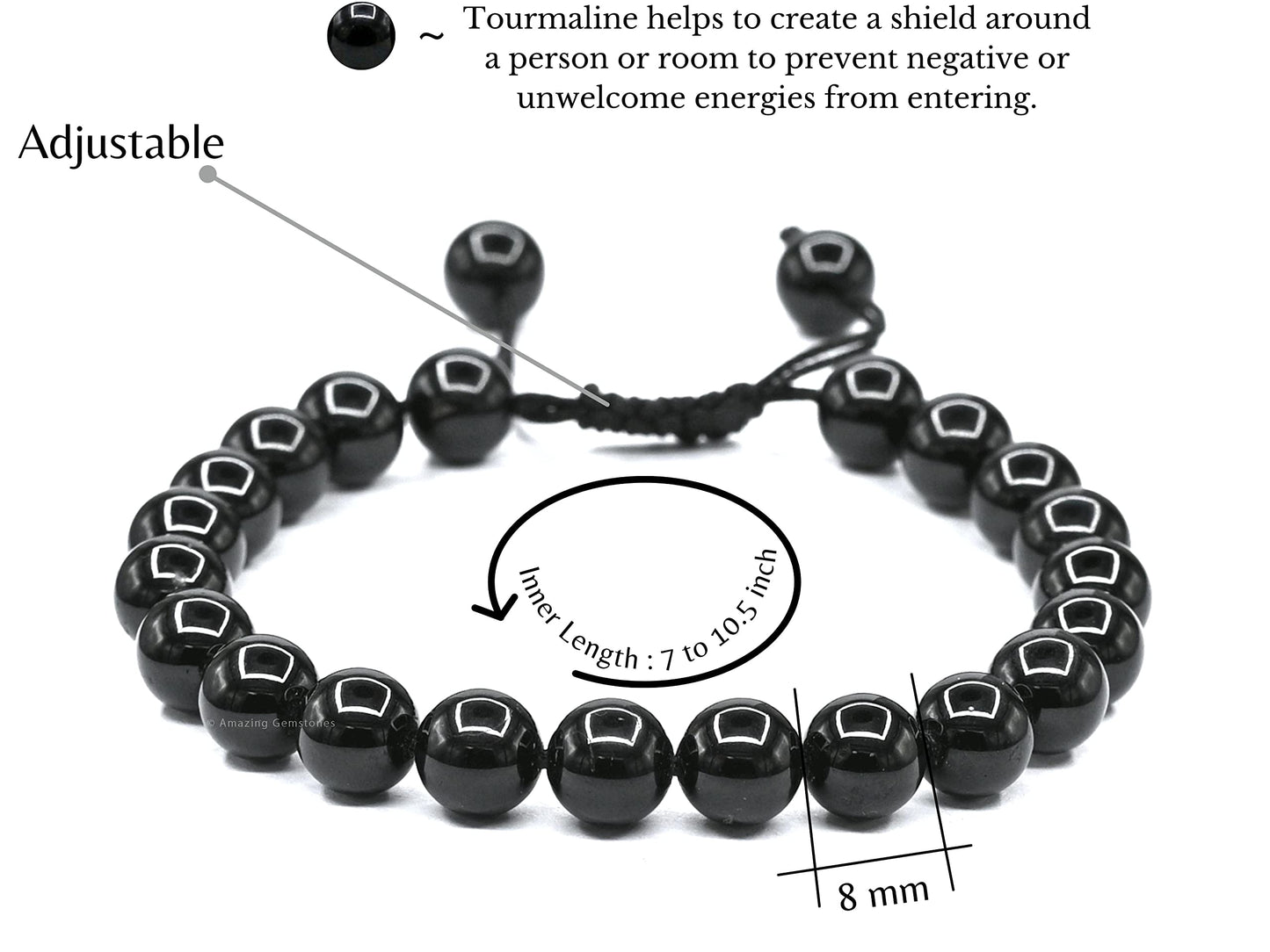 Amazing Gemstone Black Tourmaline Bracelet - Protection Healing Crystal Bracelet - 8mm Gemstone Beaded Adjustable Bracelet Pulseras Para Hombres Mujer Stocking Stuffers (Black Tourmaline Onyx)