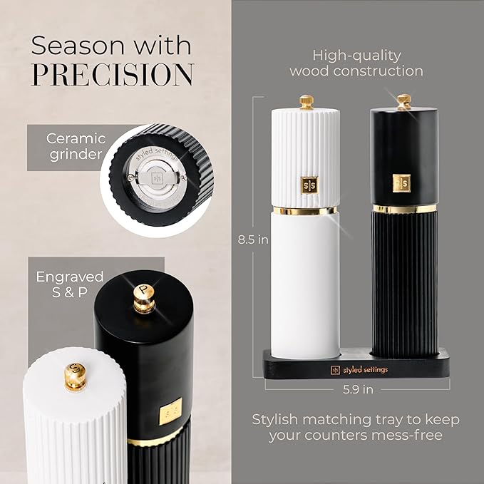 Styled Settings White and Black Salt and Pepper Grinder Set with Gold Accents – Set of Two Refillable Wooden Manual Grinders with Adjustable Ceramic Mills & Matching Wooden Stand - Ideal for Gifting