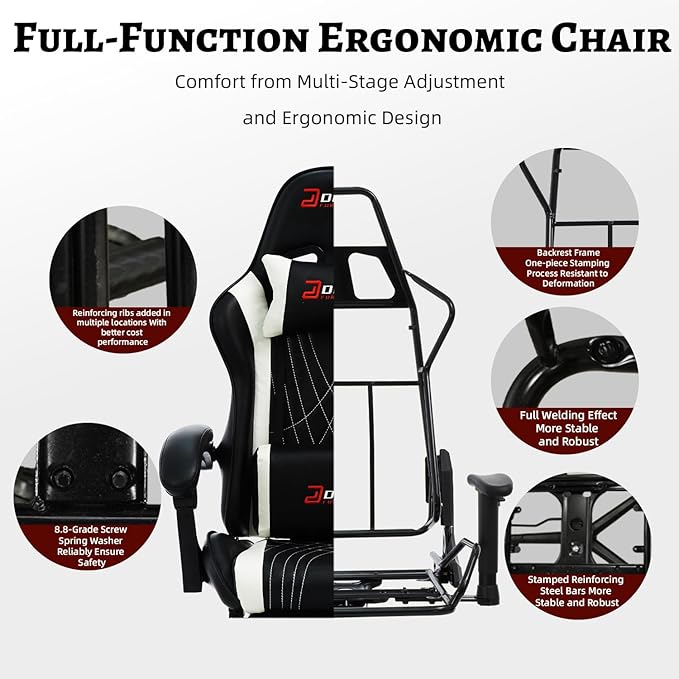 Ergonomic Gaming Chair with Footrest and Lumbar Massage, Racing Office Chair, High Back Computer Desk Chair with Headrest Pillow for Adults, Video Game Chair for PC Gamer (1001-White)