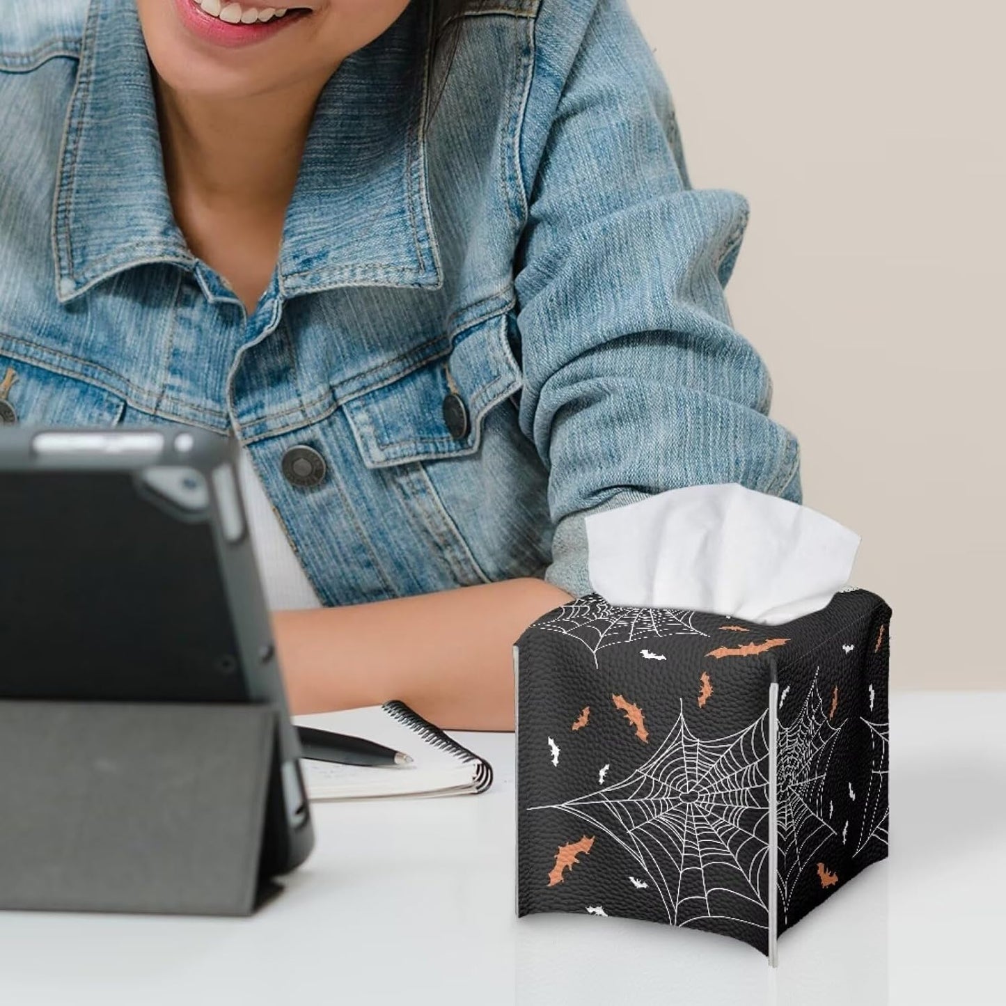 Halloween Tissue Holder for Bathroom Skull Pumkin Bat Spider Web Print Modern Decorative Tissue Box Case Organizer Holder with Bottom Belt Easy to Install Fits Square Tissues Box Covers
