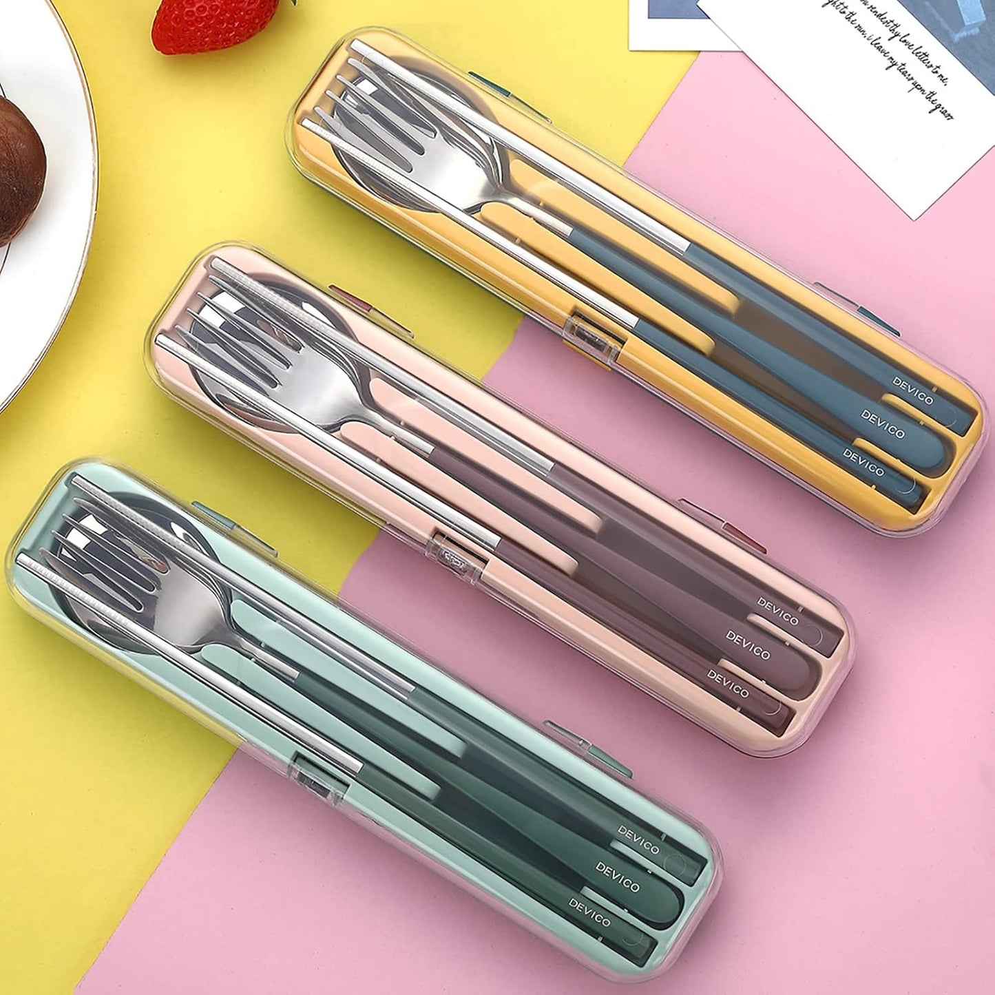 DEVICO Portable Utensils, Travel Reusable Silverware Flatware Set for Lunch, 18/8 Stainless Steel 4-Piece Camping Cutlery Include Fork Spoon Chopsticks with Case (Blue)