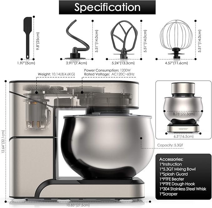 Stand Mixer, Stainless Steel Mixer 5.3-QT LCD Display Food Mixer, 6+P Speed itchen Electric Mixer Tilt-Head Mixer with Stainless Steel Bowl, Dough Hook, Beater, Whisk