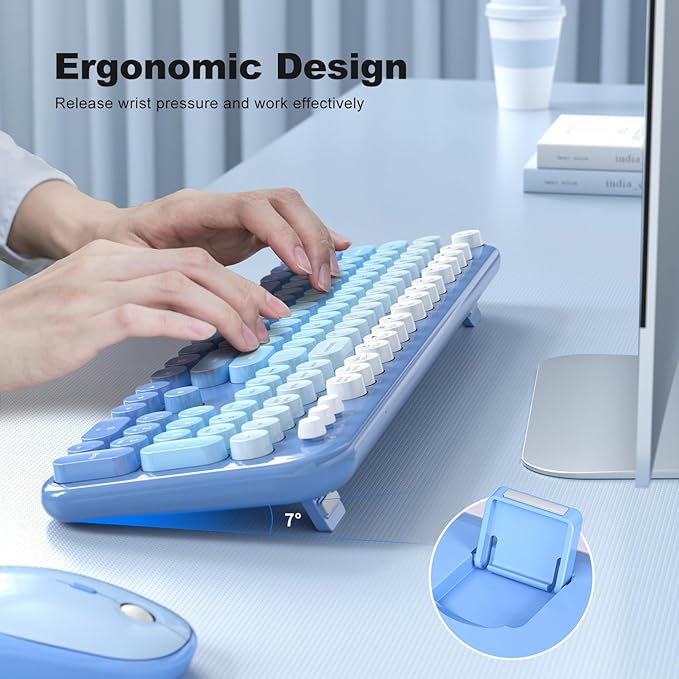 Wireless Keyboard Mouse Combo, Typewriter Full Size Keyboard with Number Pad and 2 in 1 USB Connected Mouse for Windows 7/8/10, Laptop, Desktop, PC, Computer (Blue Colorful)