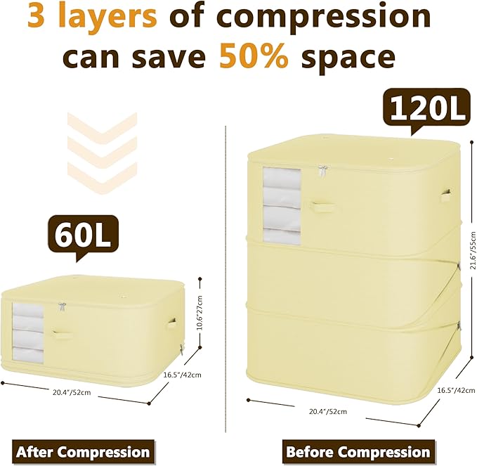 3-Pack Vacuum Storage Bags – Compressible & Foldable Closet Organizer Bags with Reinforced Handles, Suitable for Storing Clothes, Blankets, Down Comforters, Bed Sheets, Pillows & Toys (cream)