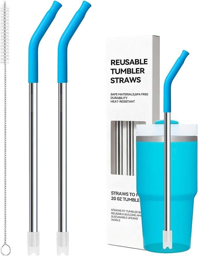 Metal Straws With Silicone Tip For Stanley Adventure Quencher H2.0 Tumbler 14 oz 20 oz, Short Straw Replacement Stainless Steel Straws Reusable For STANLEY Cups 14oz,20 oz, Dishwasher Safe(Sky Blue)
