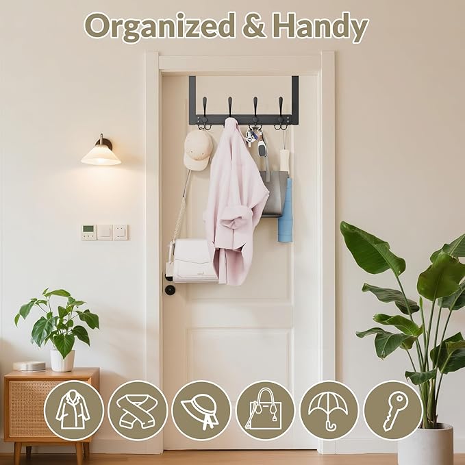 Heavy Duty Over The Door Hooks Rustproof - 25lb Over The Door Towel Rack, Over The Door Towel Hook, Door Hanger for Bathroom, Coat Rack Dorm Room Essentials (1Pack,Black)