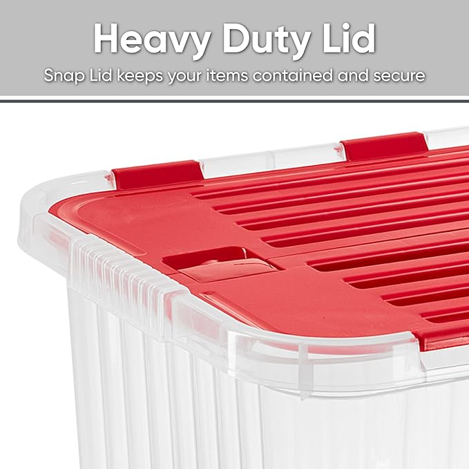 Superio Christmas Storage Box with Red Hinged Lids, Plastic Container Bins for Organizing with Attached Lid, Stackable Crates, BPA Free, Organizers for Home and Office, 53Quart (20.25"x14"x14.6")