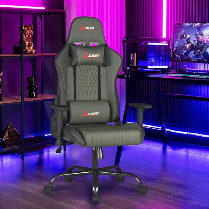 Video Game Chair Ergonomic Comfortable Gaming Office Chair Height-Adjustable with a 360° Swivel Base and Headrest(1002-Grey)