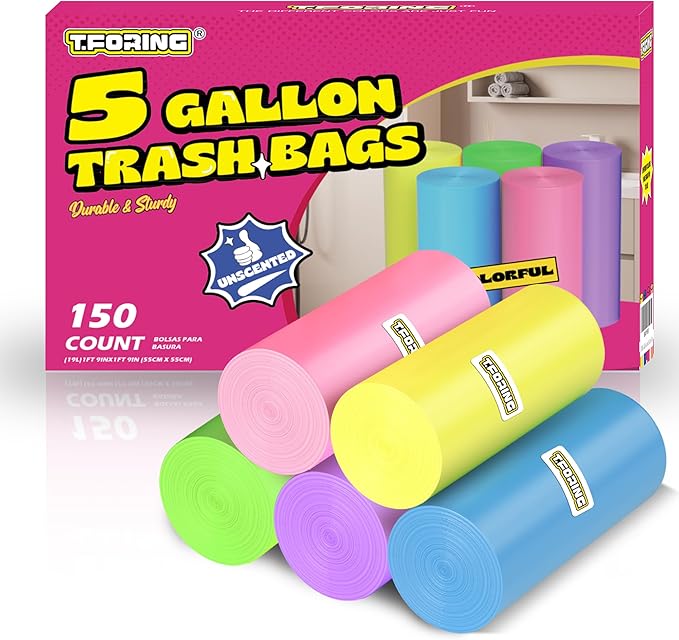 5 Gallon Trash Bags Extra Thick - 18 Liter Garbage Bags Unscented for Bathroom, Small Plastic Wastebasket Liners for Home Office Bedroom,150 Count 5 Color