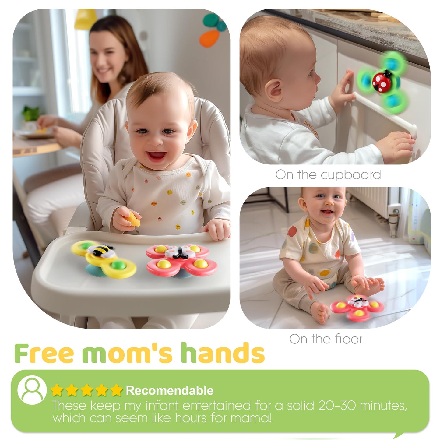 ALASOU 6 PCS Suction Cup Rotating Toys(3 Farm+3 Star) for Infant and Toddlers