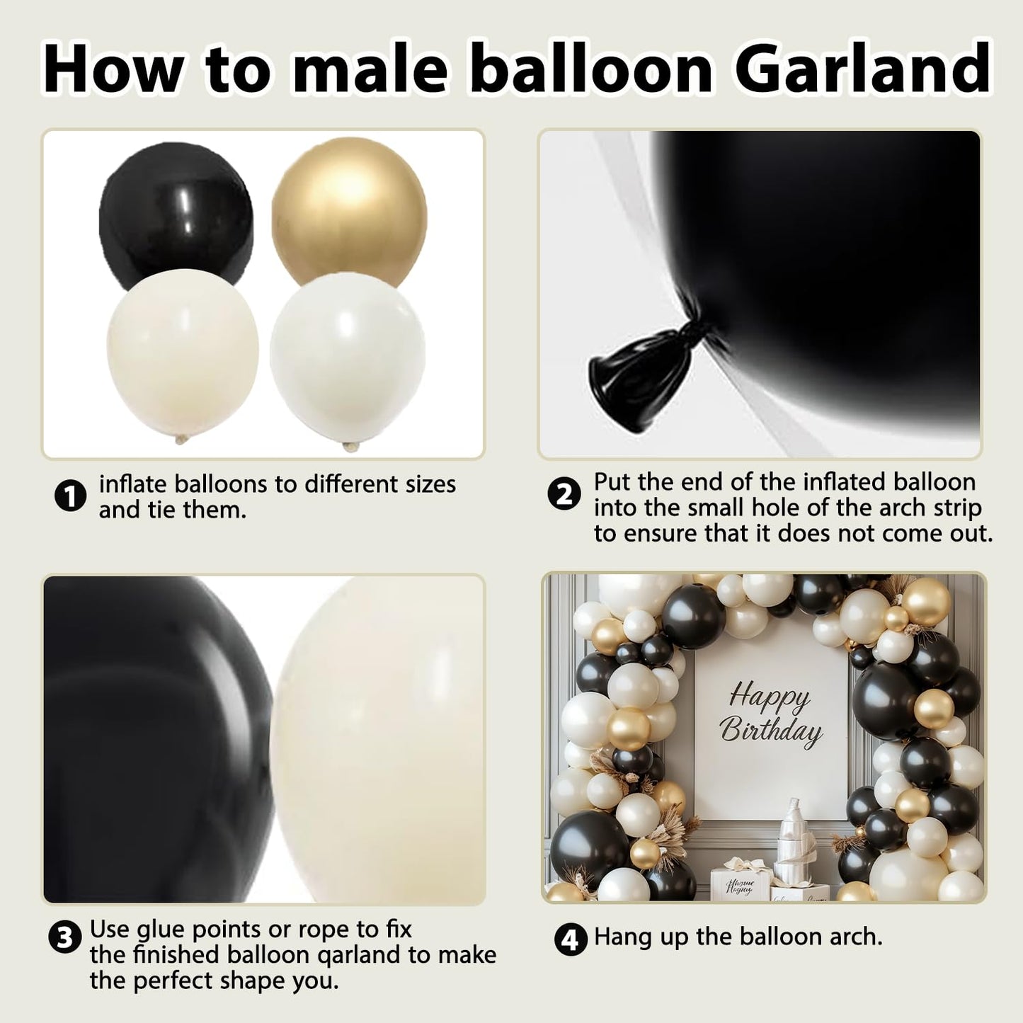 Black White Gold Balloon Arch Kit,Double Stuffed Pearl Sand White Balloon Garland Different Sizes 18/12/5 Inch Chrome Cream Balloons for Graduation Wedding Birthday Bachelorette Party Decorations